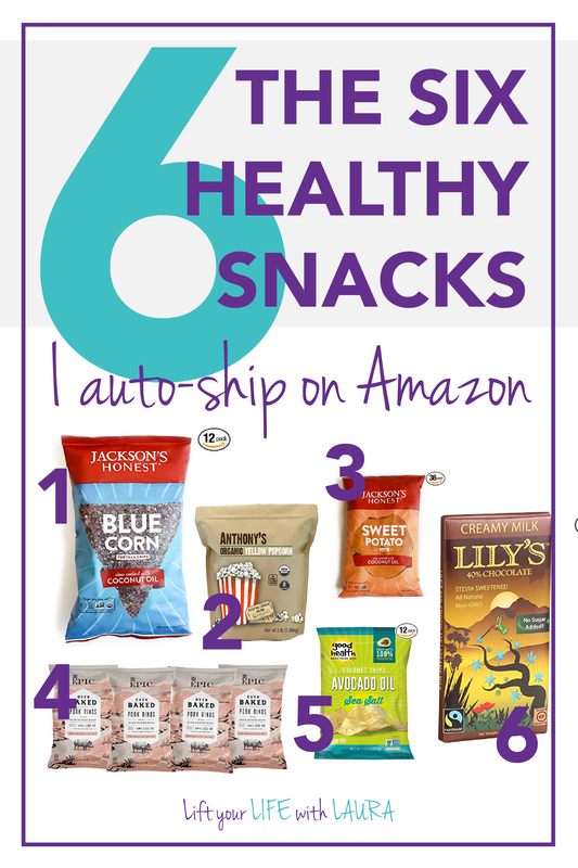 Buy healthy snacks in bulk from Amazon with this list from a personal trainer! Keep your pantry stocked with healthy foods without hydrogenated oils. #liftyourlifewithlaura #healthysnacks #amazon #subscribeandsave 