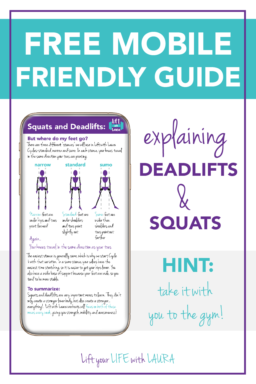 Click to download FREE guide for mastering squats and deadlifts.  Don't let these moves scare you, they are the best exercises to build muscle! #liftyourlifewithlaura #liftweights #strong #deadlift #squat #personaltrainer #trainertip